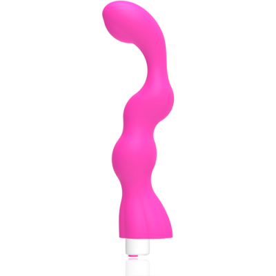 Vibrador rosa ondulado com base branca e botão prateado