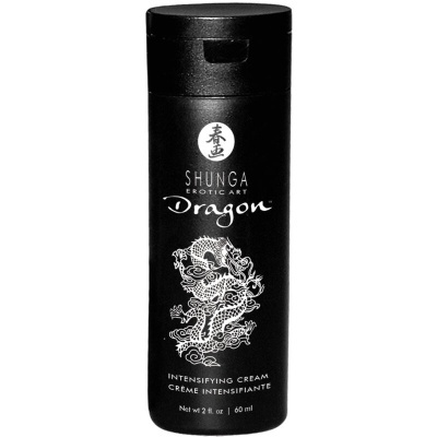 Frasco preto de creme intensificante Shunga com ilustração de dragão