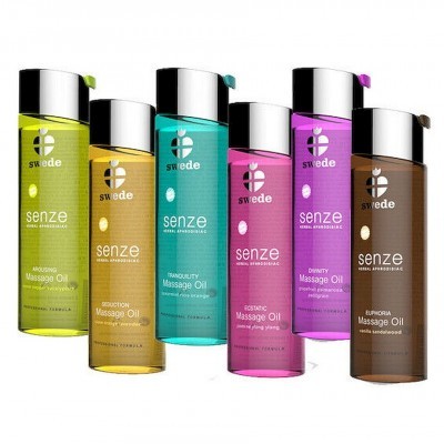 Seis frascos coloridos de óleo de massagem Swede em diferentes cores