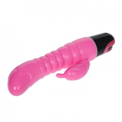 Vibrador rosa com textura anelar e base preta sobre fundo branco
