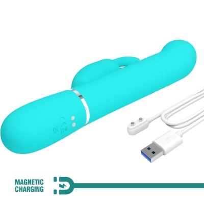 Vibrador silicone azul com cabo USB branco e texto 'MAGNETIC CHARGING'