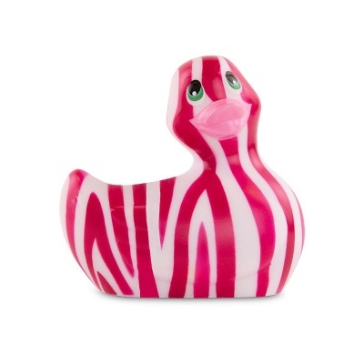 Patinho de borracha rosa e branco com olhos verdes