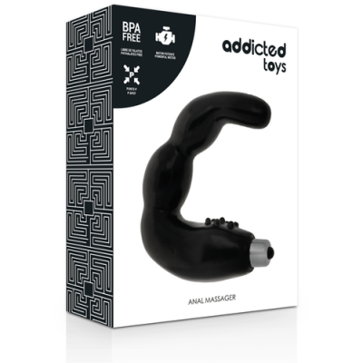 Caixa de massageador anal preto da marca addicted toys com informação BPA Free.