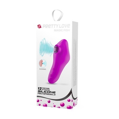 Massajador rosa em silicone na caixa branca com texto Pretty Love Magic Fish