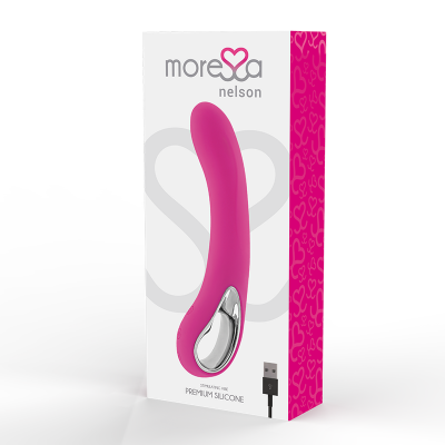Embalagem de vibrador rosa de silicone com detalhes metálicos e símbolo USB