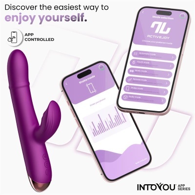 Vibrador roxo e aplicação móvel em fundo branco