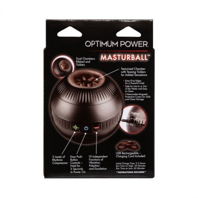 Embalagem preta do Masturbball Optimum Power com texto e imagens do produto
