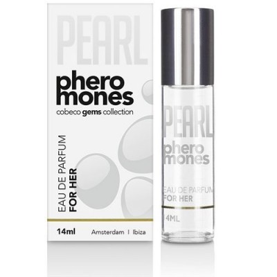 Frasco pequeno de perfume 'PEARL pheromones FOR HER' com embalagem branca e texto preto e cinza