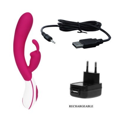 Vibrador rosa e branco com cabo USB e carregador preto