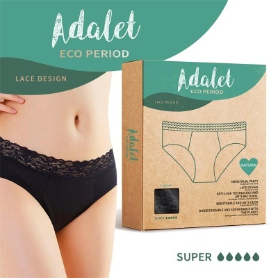 Cuecas menstruais femininas pretas com renda e embalagem reciclável castanha Adalet ECO PERIOD