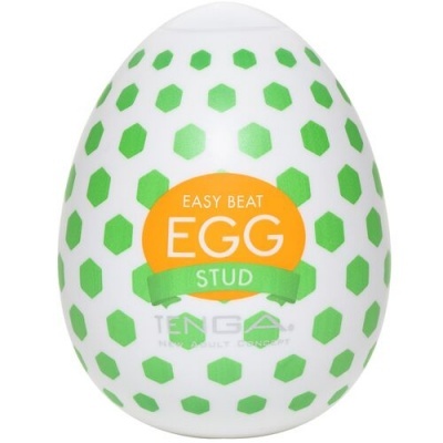 Produto em forma de ovo com padrão verde e texto EASY BEAT EGG STUD