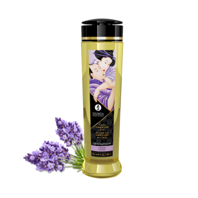 Frasco dourado de óleo de massagem Shunga com ilustração japonesa e lavanda