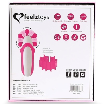 caixa de produto feelztoys com estimulador de clitóris rosa e branco e texto informativo