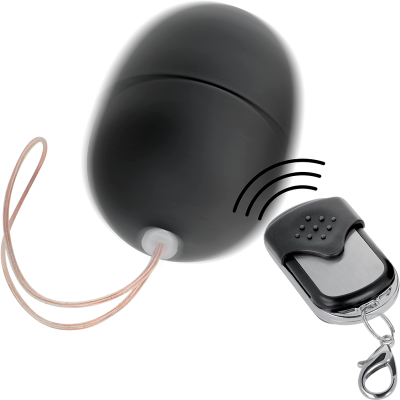 Brinquedo erótico preto em forma de ovo com controlo remoto preto e prateado e cordão cor-de-rosa claro.