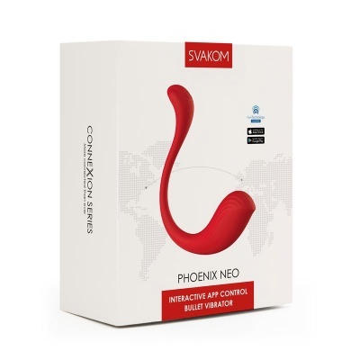 Caixa branca com vibrador vermelho curvo e texto da marca SVAKOM e modelo PHOENIX NEO