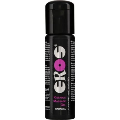 Garrafa preta de gel de massagem EROS com texto em branco e roxo.