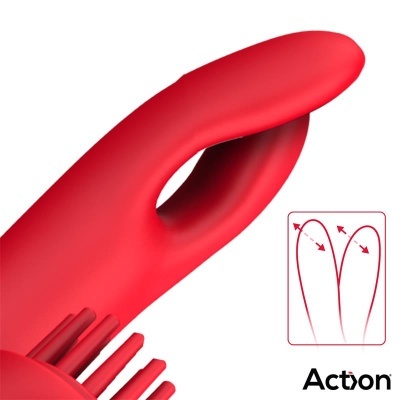 Vibrador vermelho com cerdas na base e ilustração do movimento