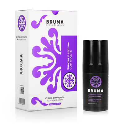 Creme adstringente BRUMA em embalagem branca com padrão roxo e frasco preto pequeno