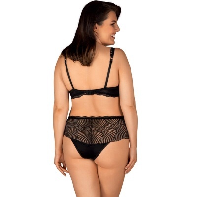 Conjunto de lingerie feminino preto com renda e alças ajustáveis visto de costas