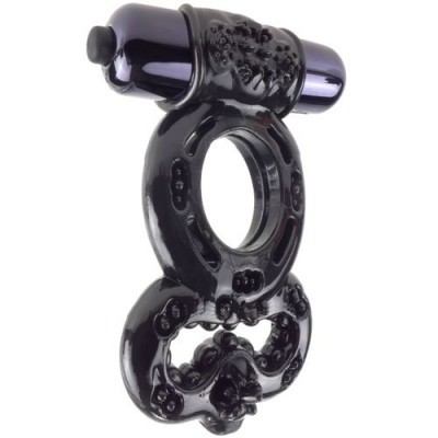 Anel vibratório preto com vibrador roxo em fundo branco