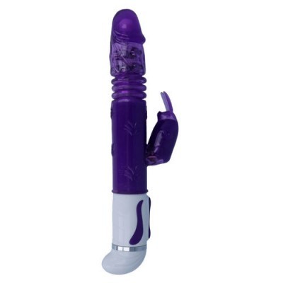 Vibrador roxo translúcido com base branca e acessório em forma de coelho.