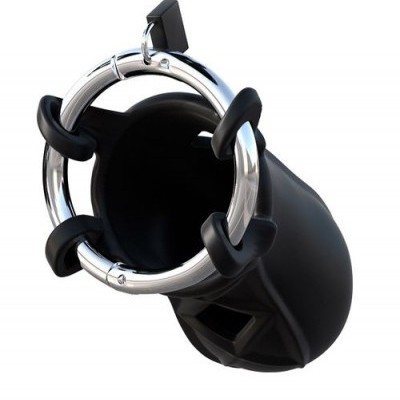 Dispositivo masculino preto com anel metálico prateado