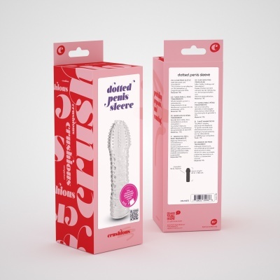 Embalagem rosa e vermelha de capa pontilhada para pénis, com imagem do produto transparente e textos instrucionais