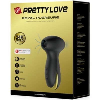 Caixa dourada e preta de vibrador Pretty Love Royal Pleasure com texto e imagem do produto
