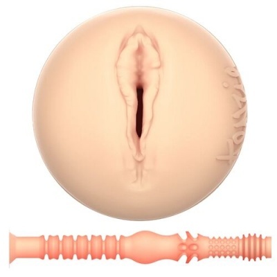 Produto em silicone cor pele com forma circular e alto relevo que imita uma vulva e acessório cilíndrico texturizado