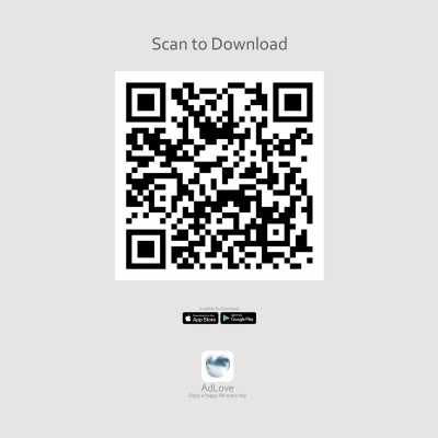 Código QR para download da aplicação AdLove com texto indicativo e logos das lojas Apple e Google