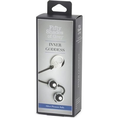 Embalagem cinzenta com duas bolas prateadas ligadas por fios pretos, produto Fifty Shades of Grey Inner Goddess.