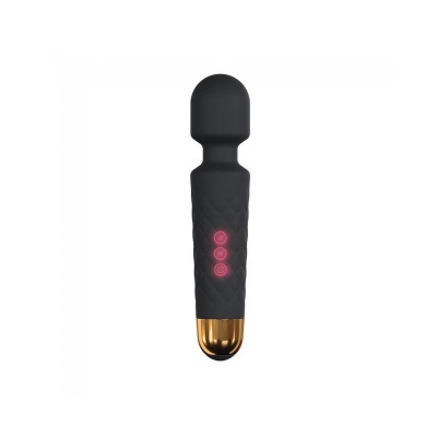 Vibrador massageador preto com botão rosa iluminado e detalhe dourado