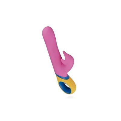 Vibrador cor de rosa com estimulador em forma de coelho e base amarela e azul