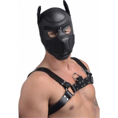 Homem com máscara preta de cão e arnês de couro preto