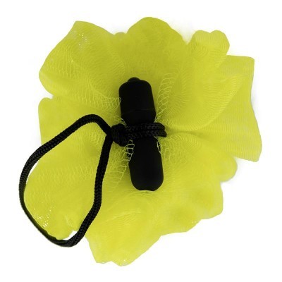 Esponja de banho amarela com corda preta e cilindro preto