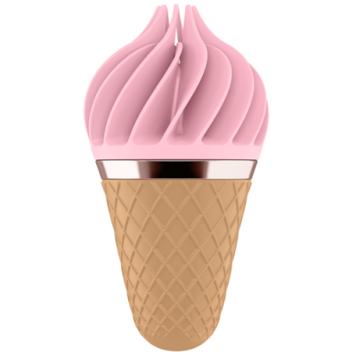 Objeto em forma de gelado com cone castanho claro e topo cor-de-rosa em espiral