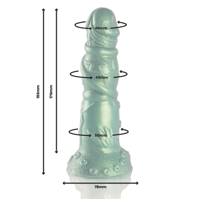 Dildo translúcido verde-azulado com textura e medidas indicadas.