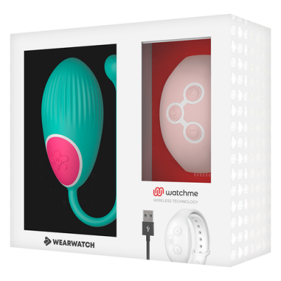 Caixa do produto Wearwatch da Watchme com dispositivo verde-azulado e rosa, dispositivo redondo cor-de-rosa, bracelete branca e cabo USB preto