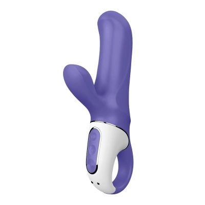 Vibrador roxo com controlo branco e detalhes roxos