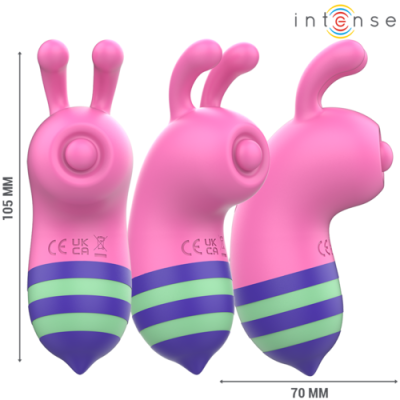 Vibrador rosa com detalhes em verde e azul, dimensões e marcações visíveis em fundo branco.