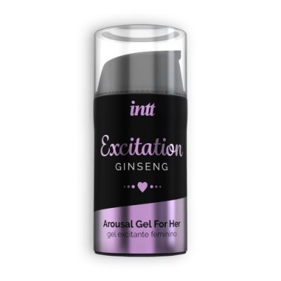 Frasco dispensador preto com rótulo lilás e preto do gel excitante feminino Excitation Ginseng