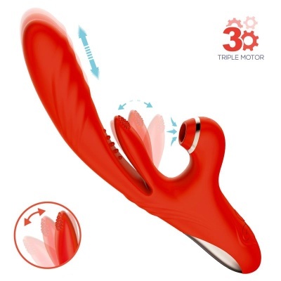 Vibrador vermelho anatómico com textura e texto '3Ø TRIPLE MOTOR'
