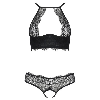 Conjunto de lingerie preta em renda com padrões florais e alças finas