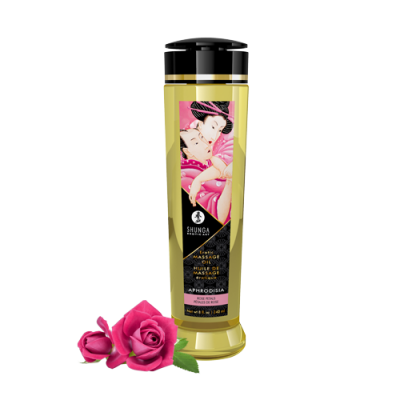 Frasco de óleo de massagem amarelo com tampa preta e rótulo preto e rosa, duas rosas cor-de-rosa ao lado.