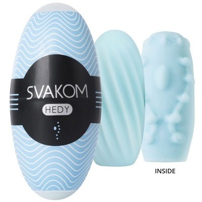 Produto SVAKOM HEDY azul com texturas e etiqueta preta