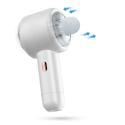 Dispositivo elétrico portátil branco com botões cor de rosa e azul, fluxo de ar indicado por setas azuis