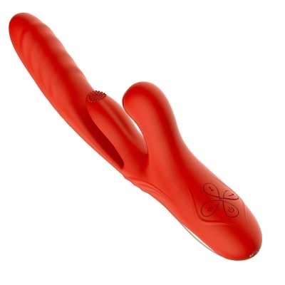Vibrador duplo vermelho com textura lisa e botão decorativo