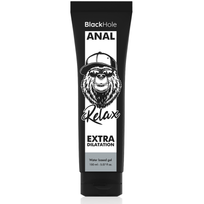Frasco preto de gel anal com texto e desenho de urso com boné e óculos