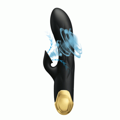 Vibrador preto com detalhes dourados e gráficos de vibração em fundo branco