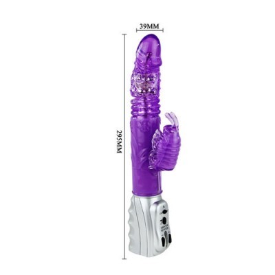 Vibrador roxo translúcido com base cinza prateada e acessórios em forma de orelhas